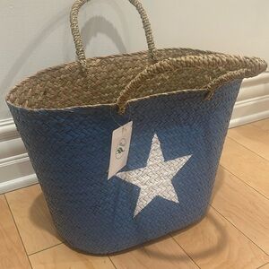 blue woven beach bag